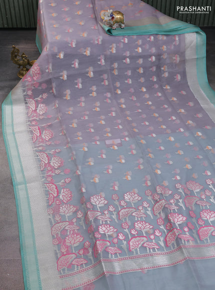 grey and teal blue Banarasi kora jamdhani silk saree