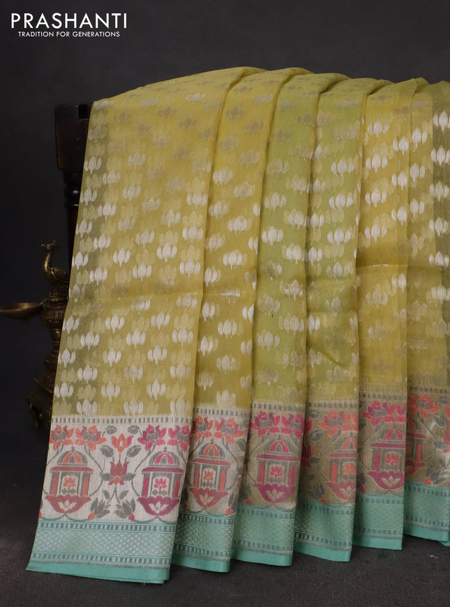 lime yellow and teal blue Banarasi kora jamdhani silk saree
