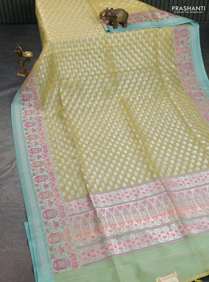 lime yellow and teal blue Banarasi kora jamdhani silk saree