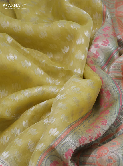 lime yellow and teal blue Banarasi kora jamdhani silk saree