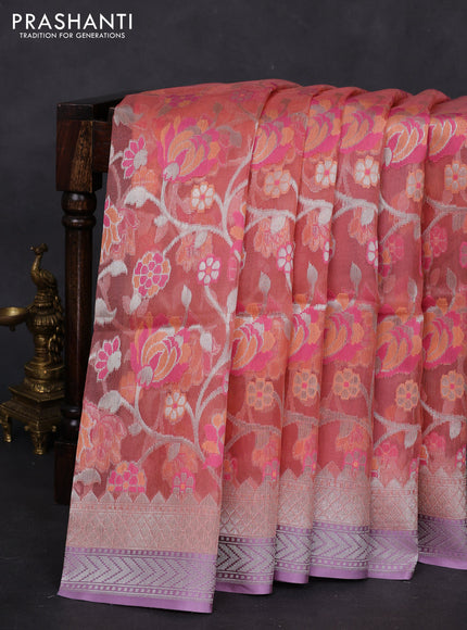 peach shade and lavender Banarasi kora jamdhani silk saree
