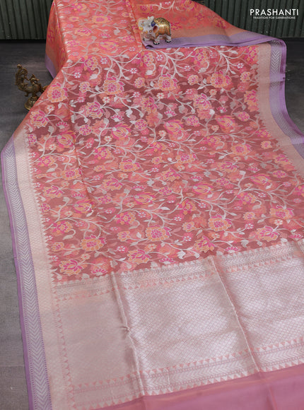 peach shade and lavender Banarasi kora jamdhani silk saree