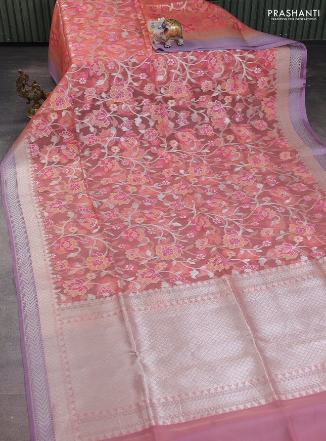 peach shade and lavender Banarasi kora jamdhani silk saree