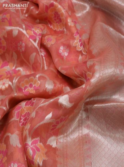 peach shade and lavender Banarasi kora jamdhani silk saree