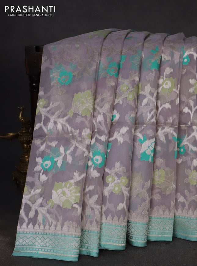 grey and teal blue Banarasi kora jamdhani silk saree