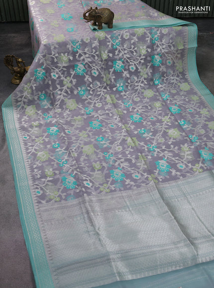 grey and teal blue Banarasi kora jamdhani silk saree
