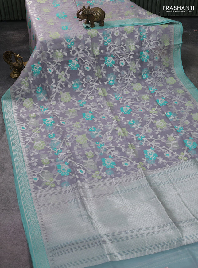 grey and teal blue Banarasi kora jamdhani silk saree