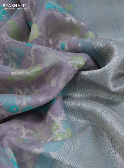 grey and teal blue Banarasi kora jamdhani silk saree