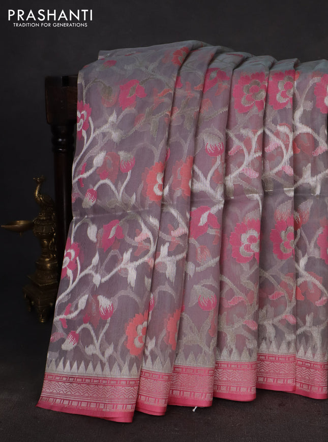 grey and pink Banarasi kora jamdhani silk saree