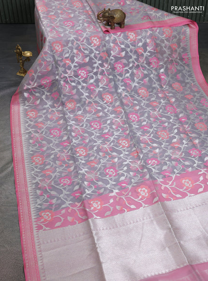 grey and pink Banarasi kora jamdhani silk saree