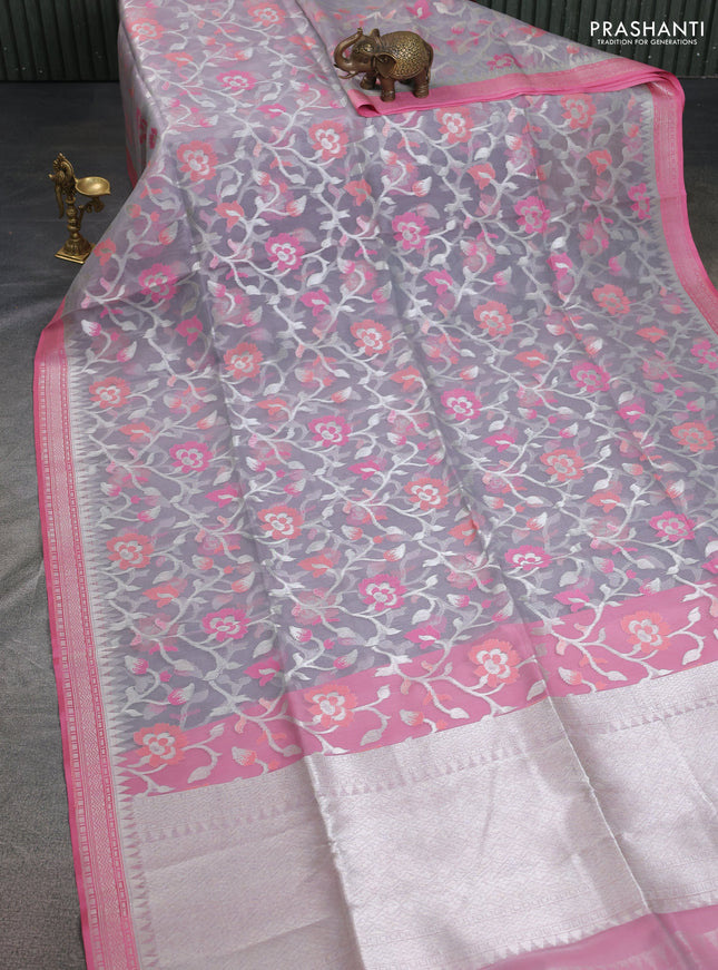 grey and pink Banarasi kora jamdhani silk saree