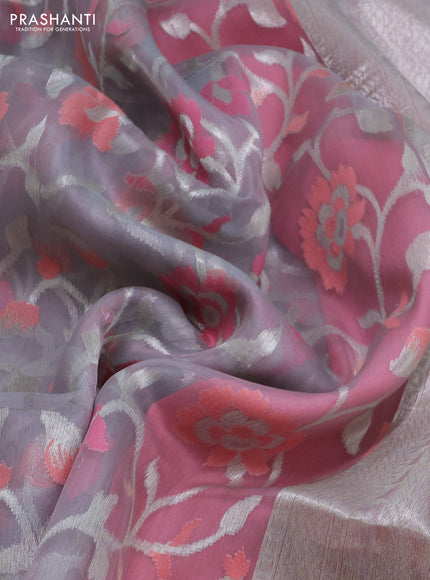 grey and pink Banarasi kora jamdhani silk saree