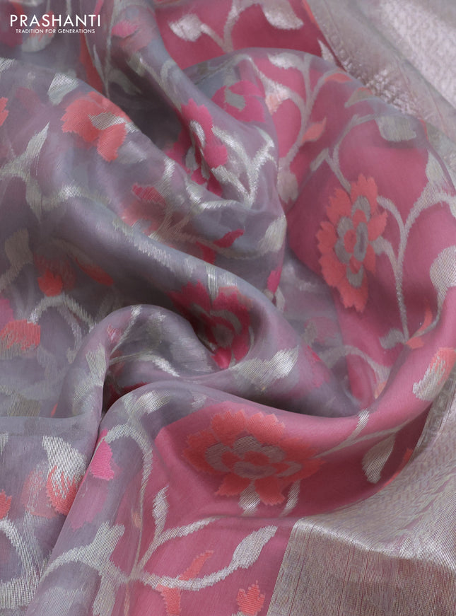 grey and pink Banarasi kora jamdhani silk saree
