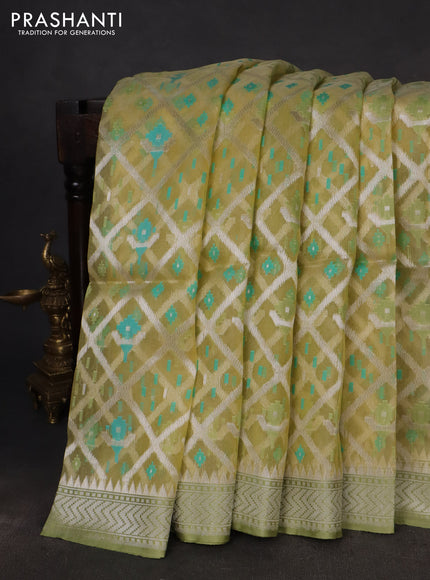 yellow and pastel green Banarasi kora jamdhani silk saree