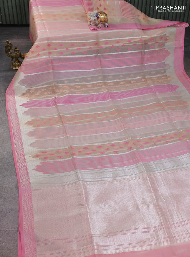sandal and peach pink Banarasi kora jamdhani silk saree