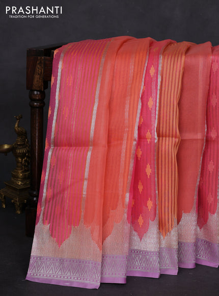 peach shade and lavender Banarasi kora jamdhani silk saree