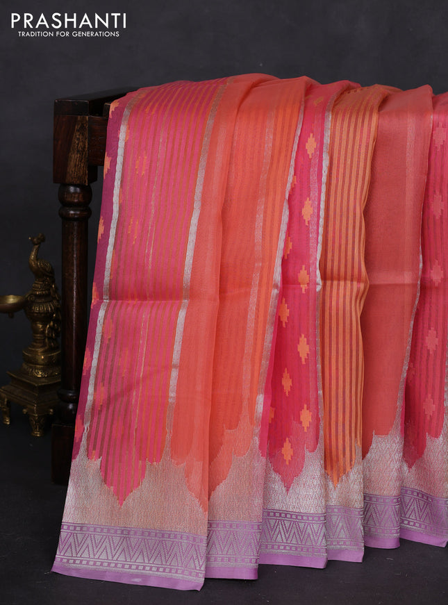 peach shade and lavender Banarasi kora jamdhani silk saree