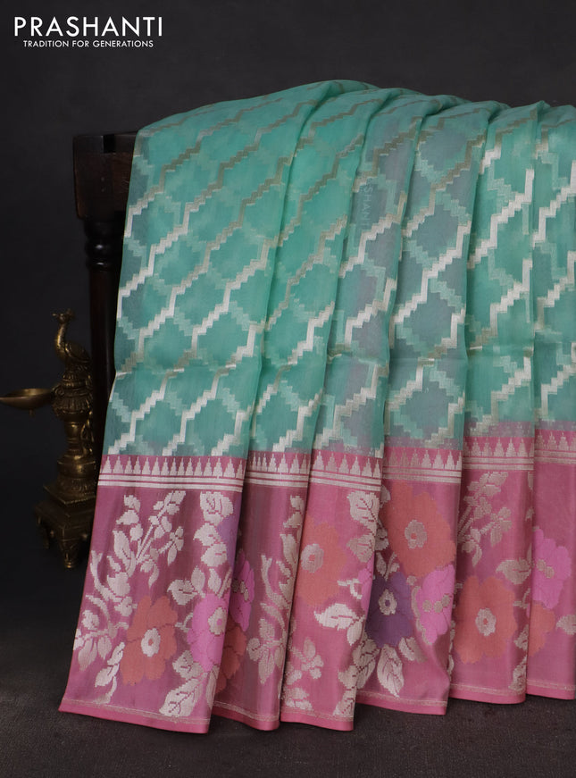 teal shade and peach pink Banarasi kora jamdhani silk saree
