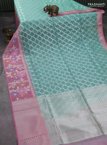teal shade and peach pink Banarasi kora jamdhani silk saree