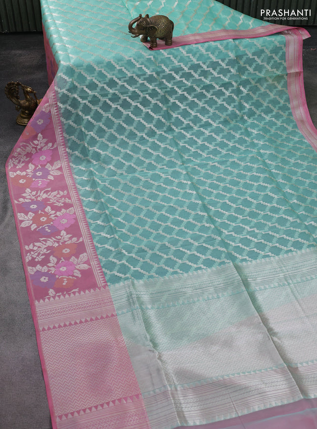 teal shade and peach pink Banarasi kora jamdhani silk saree