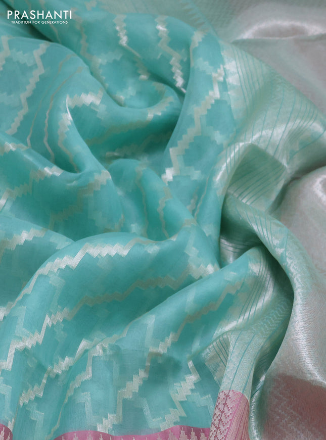 teal shade and peach pink Banarasi kora jamdhani silk saree