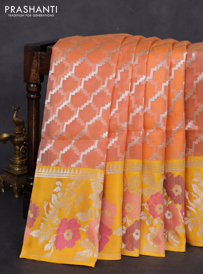 peach orange and yellow Banarasi kora jamdhani silk saree