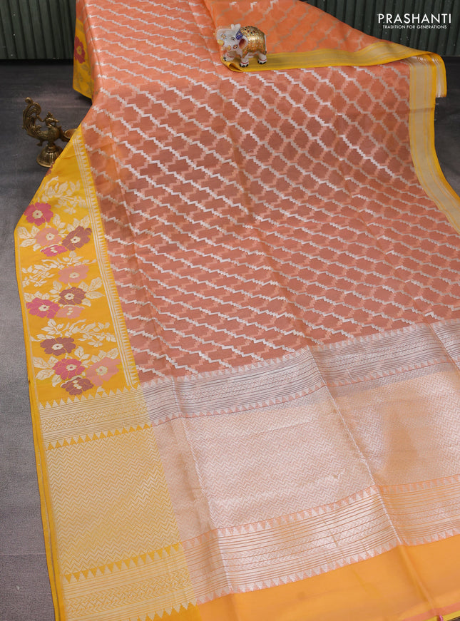 peach orange and yellow Banarasi kora jamdhani silk saree