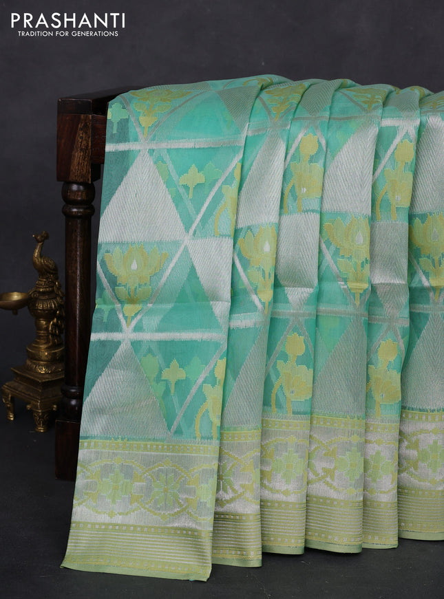 teal green shade and pista green Banarasi kora jamdhani silk saree
