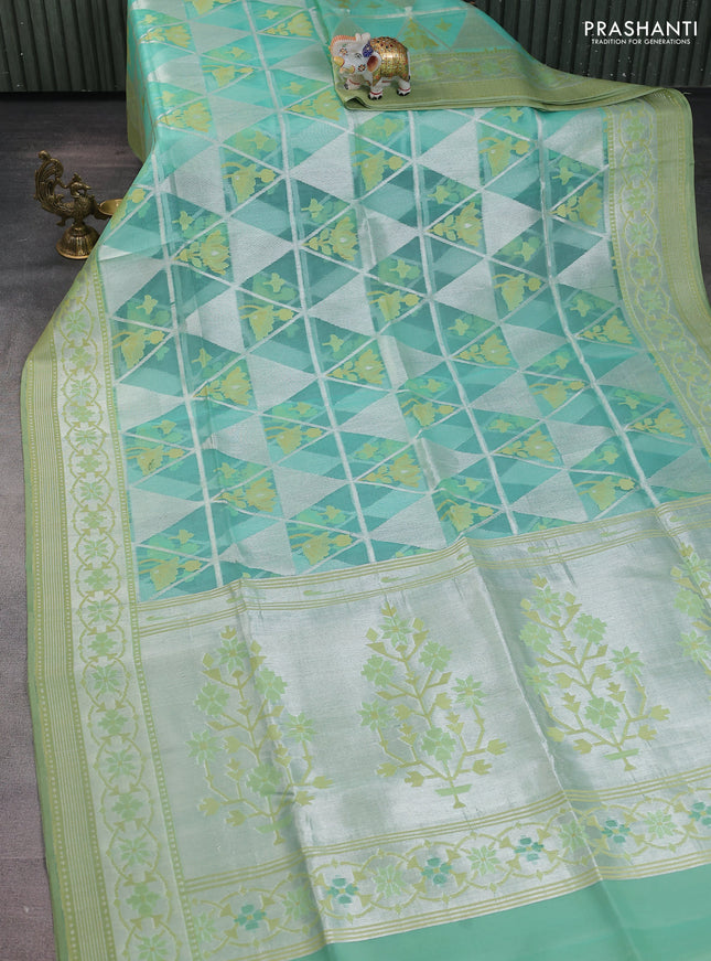 teal green shade and pista green Banarasi kora jamdhani silk saree