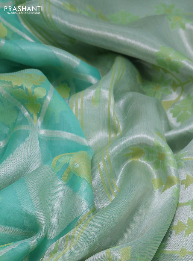 teal green shade and pista green Banarasi kora jamdhani silk saree