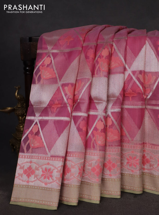 light pink and pastel green Banarasi kora jamdhani silk saree