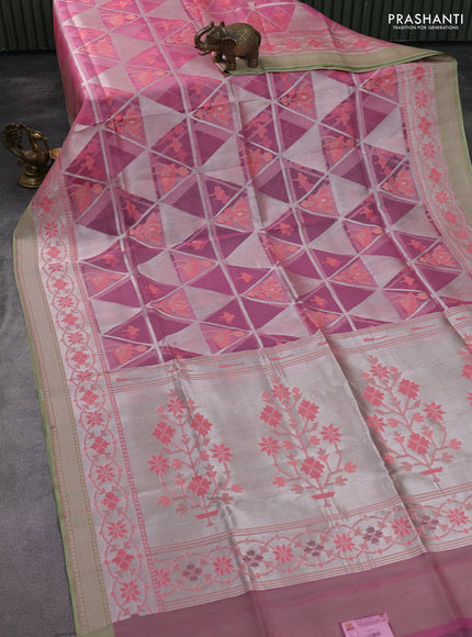 light pink and pastel green Banarasi kora jamdhani silk saree