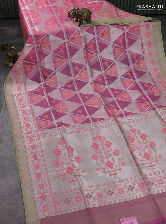 light pink and pastel green Banarasi kora jamdhani silk saree