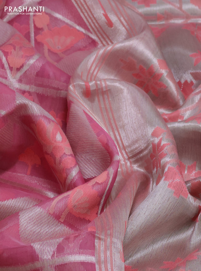 light pink and pastel green Banarasi kora jamdhani silk saree