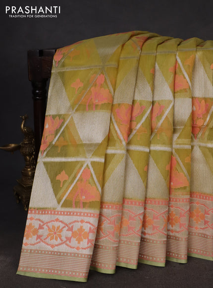 lime yellow and pastel green Banarasi kora jamdhani silk saree