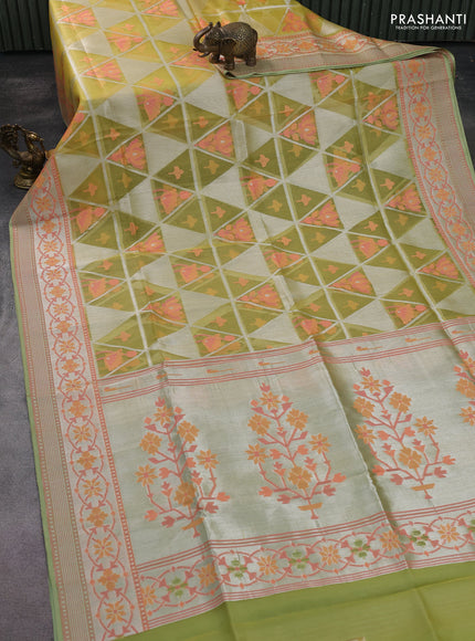 lime yellow and pastel green Banarasi kora jamdhani silk saree