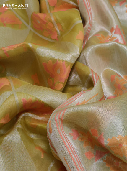 lime yellow and pastel green Banarasi kora jamdhani silk saree