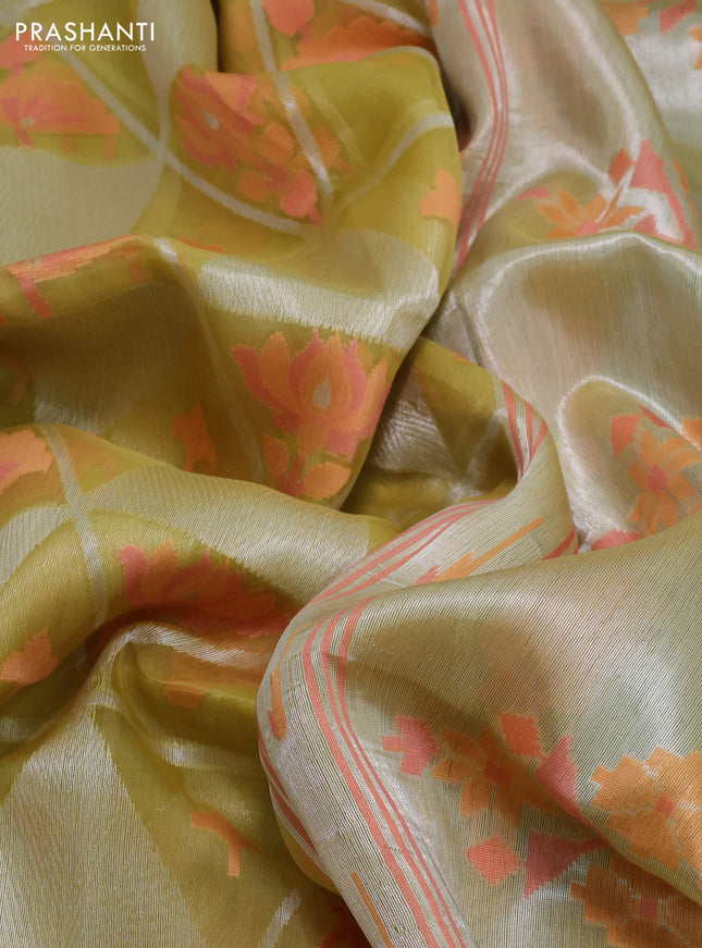 lime yellow and pastel green Banarasi kora jamdhani silk saree