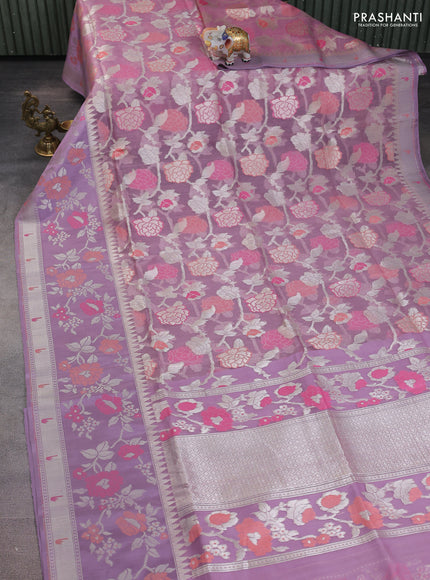 pastel pink and lavender Banarasi kora jamdhani silk saree