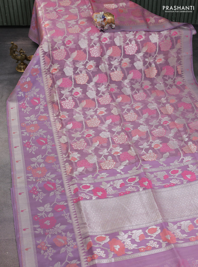 pastel pink and lavender Banarasi kora jamdhani silk saree