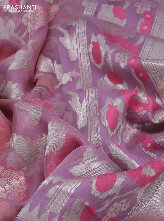 pastel pink and lavender Banarasi kora jamdhani silk saree