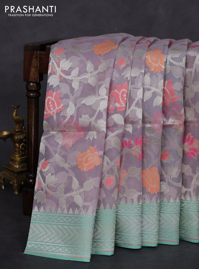 grey and teal blue Banarasi kora jamdhani silk saree