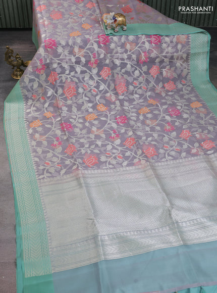 grey and teal blue Banarasi kora jamdhani silk saree