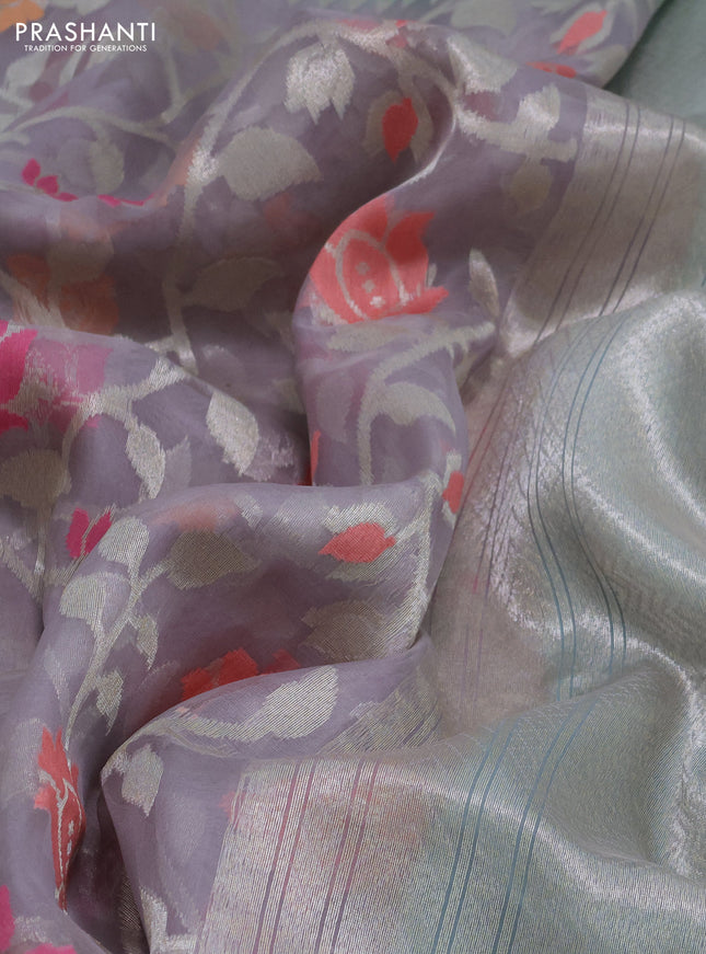 grey and teal blue Banarasi kora jamdhani silk saree