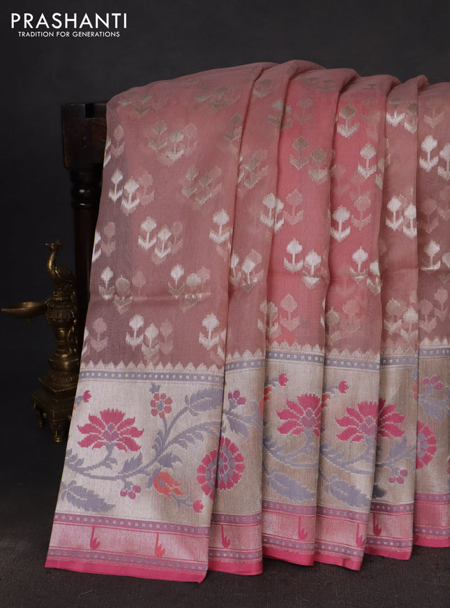 pastel peach and peach pink Banarasi kora jamdhani silk saree