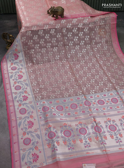 pastel peach and peach pink Banarasi kora jamdhani silk saree