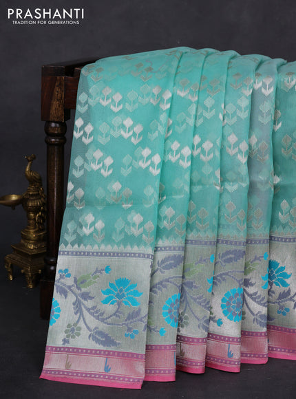 teal shade and pink Banarasi kora jamdhani silk saree