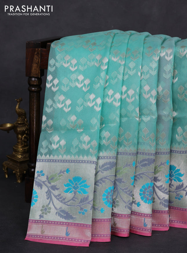 teal shade and pink Banarasi kora jamdhani silk saree