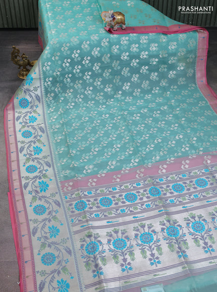 teal shade and pink Banarasi kora jamdhani silk saree