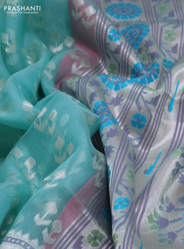 teal shade and pink Banarasi kora jamdhani silk saree